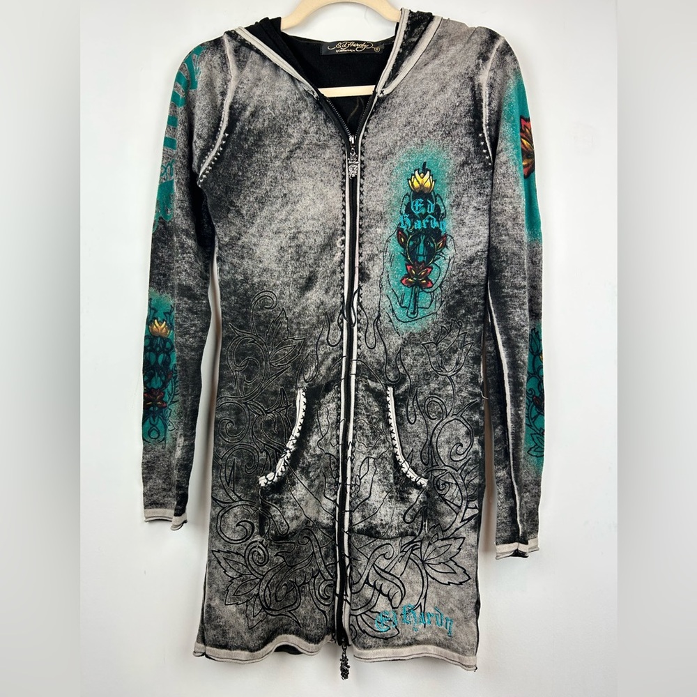 Ed Hardy Skull Zip Long Line Embroidered Hoodie Women’s Size S